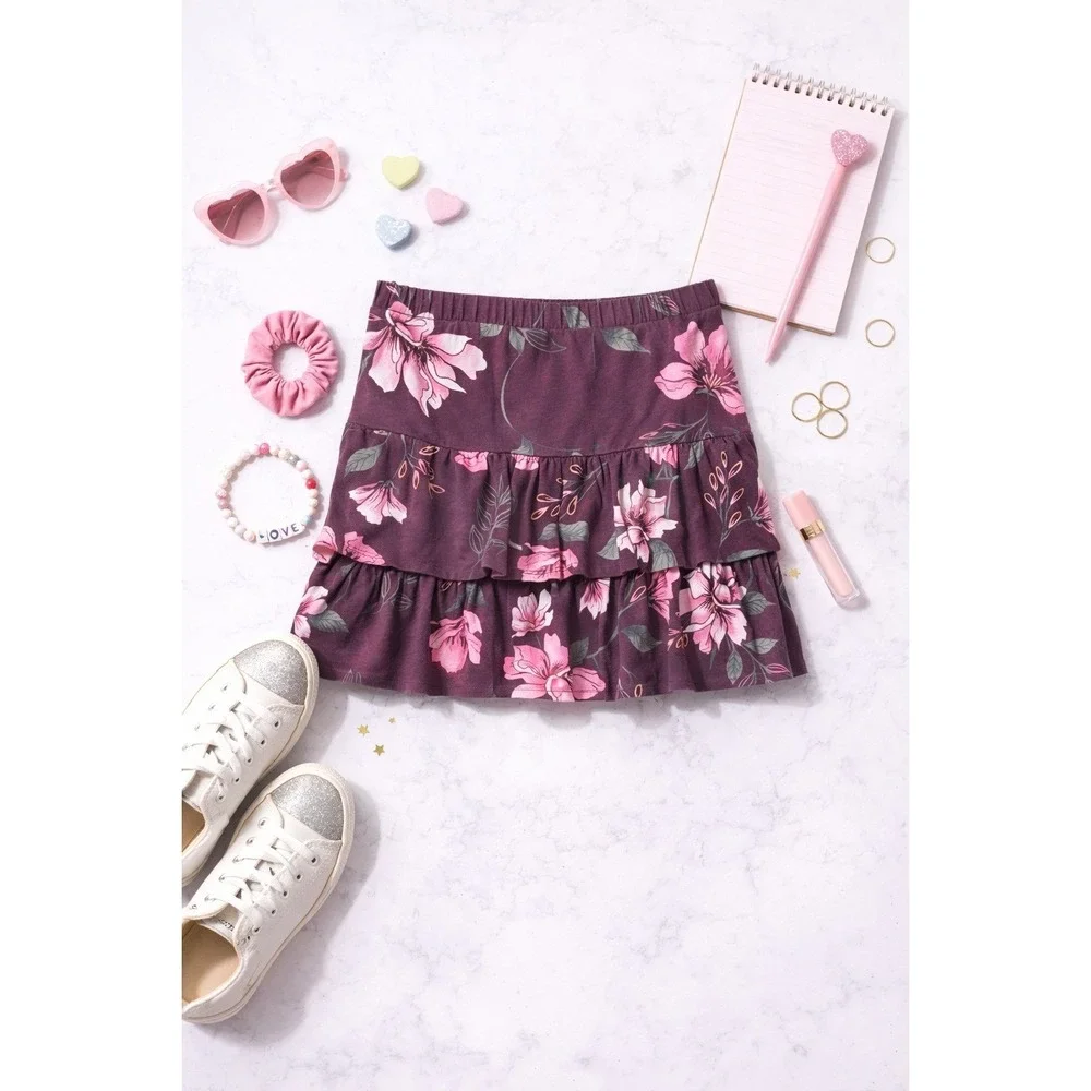 Justice Girls Floral Tiered Ruffle Skirt‎ Size 12 Burgundy Pink Flowers